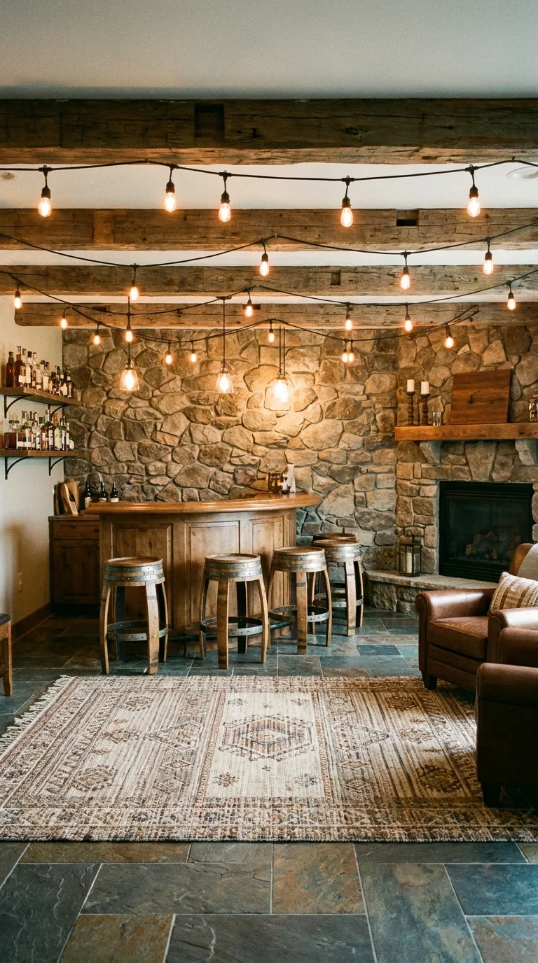 Alt text: curved rustic bar against natural stone wall lit with layered string lights