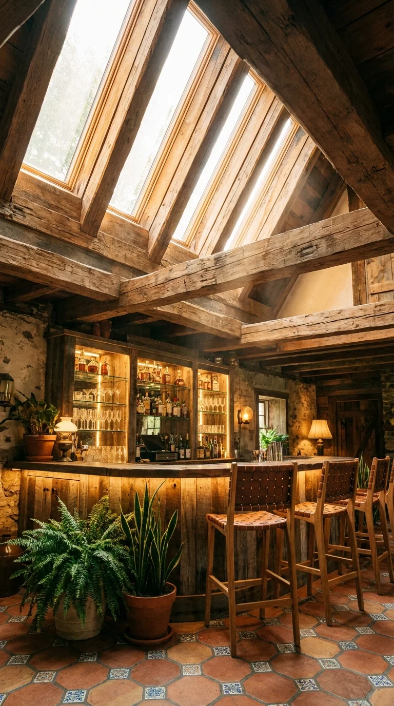 Alt text: sunlit rustic bar under a skylight with terracotta tile floor and potted plants