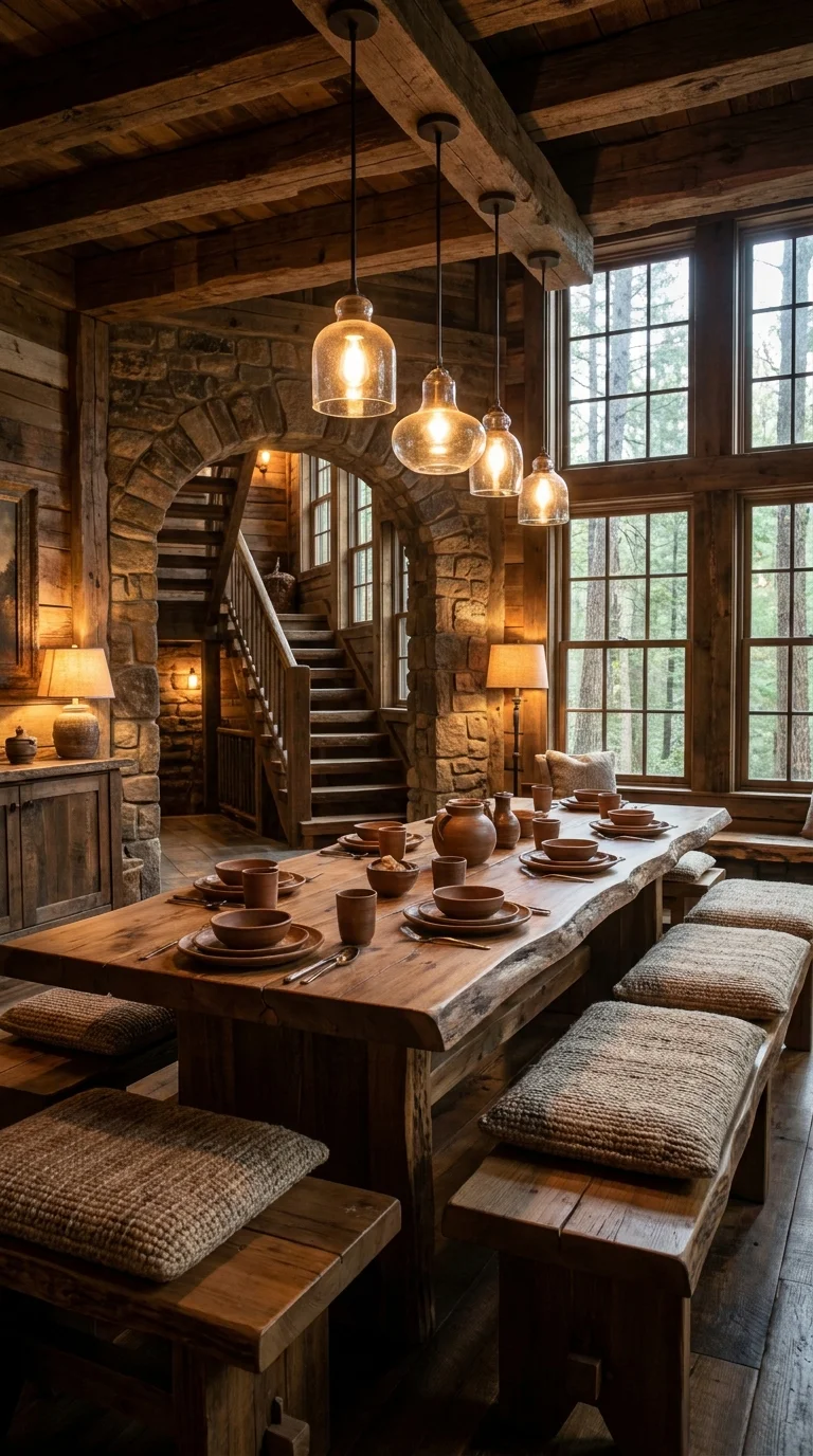 Alt text: rustic dining table with bench seating under a stone archway and glass pendants