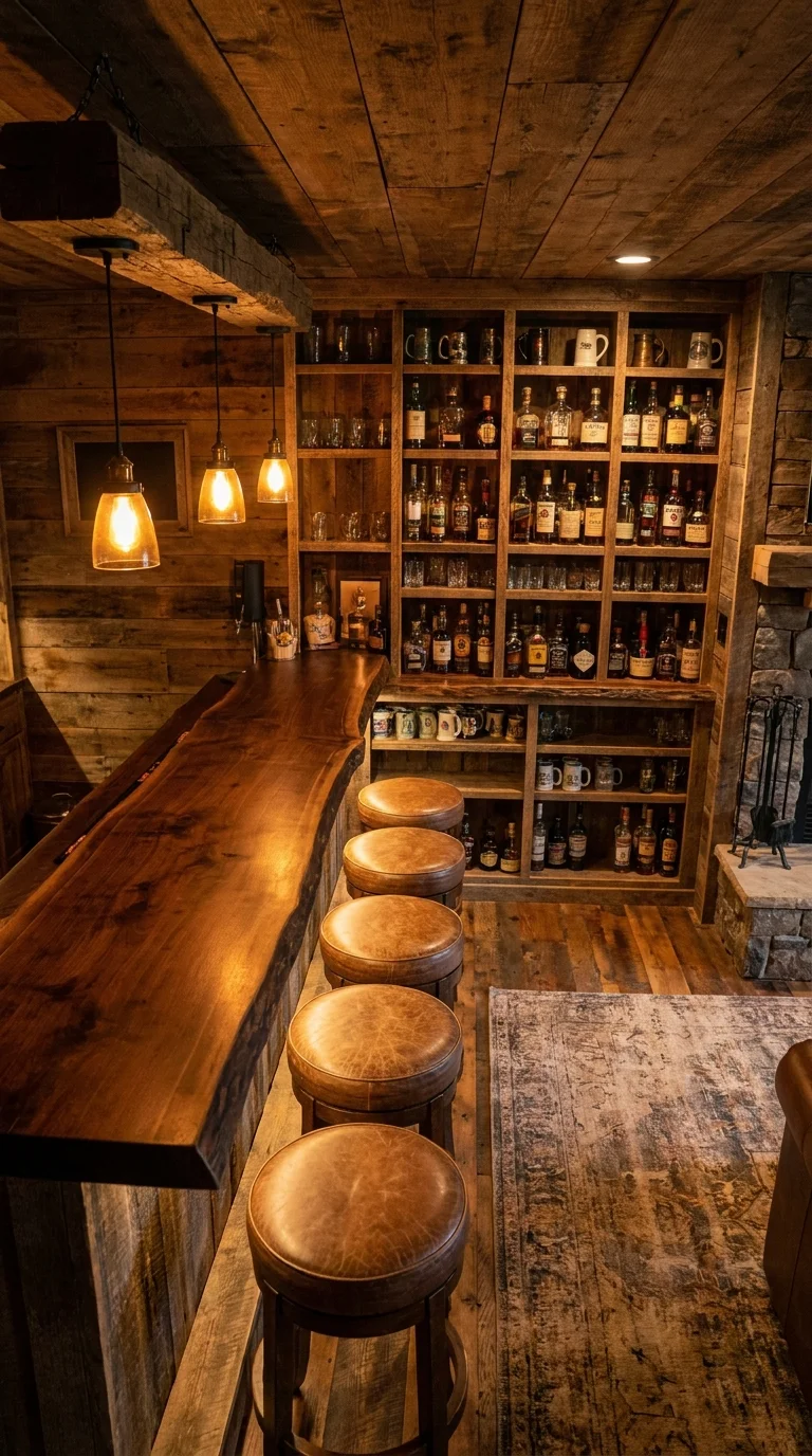 Alt text: live edge wood bar counter facing a lit whiskey and mug shelving wall