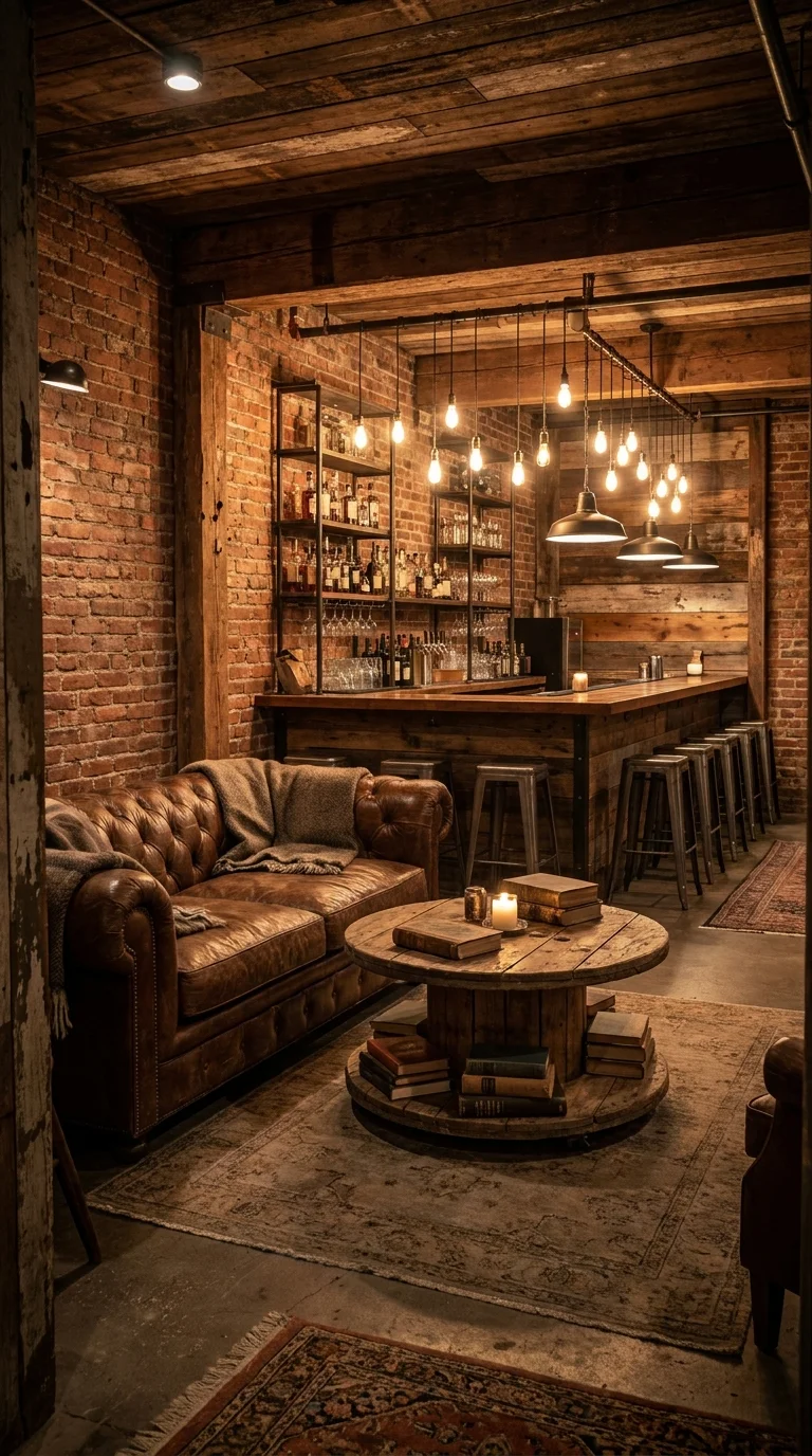 Alt text: industrial basement lounge with exposed brick, pendant cluster, and leather sofa
