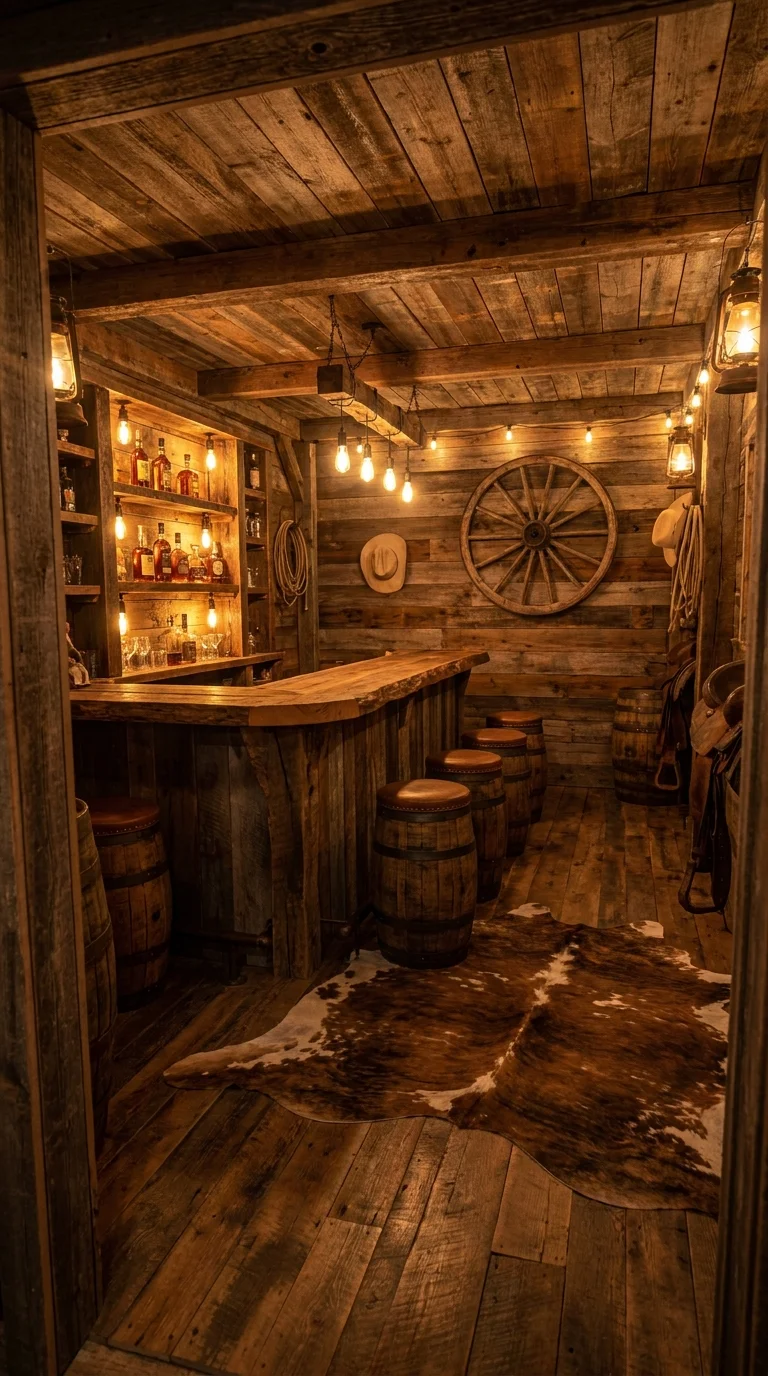 Alt text: western-themed basement bar with wagon wheel, cowhide rug, and barrel stools
