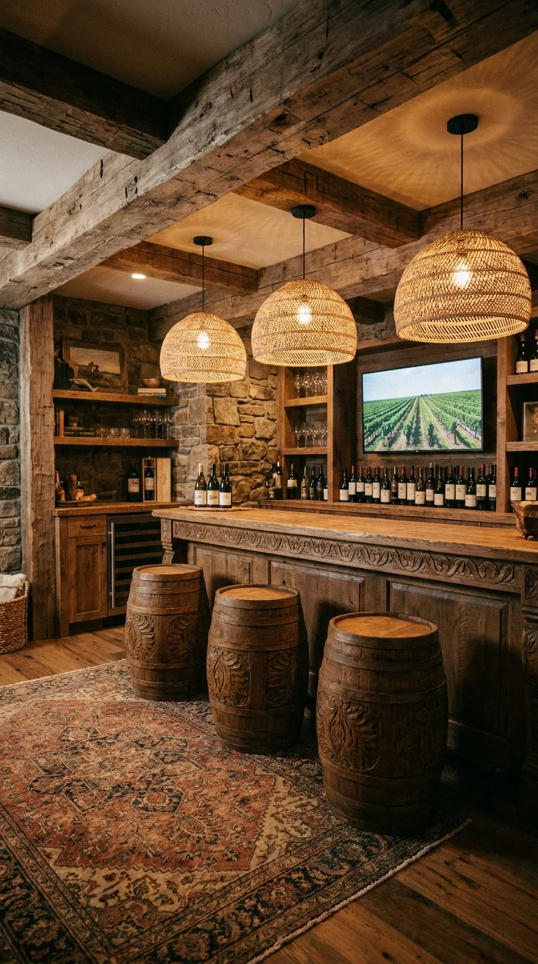 Alt text: rustic wine cellar bar with carved wood front and wine barrel stools