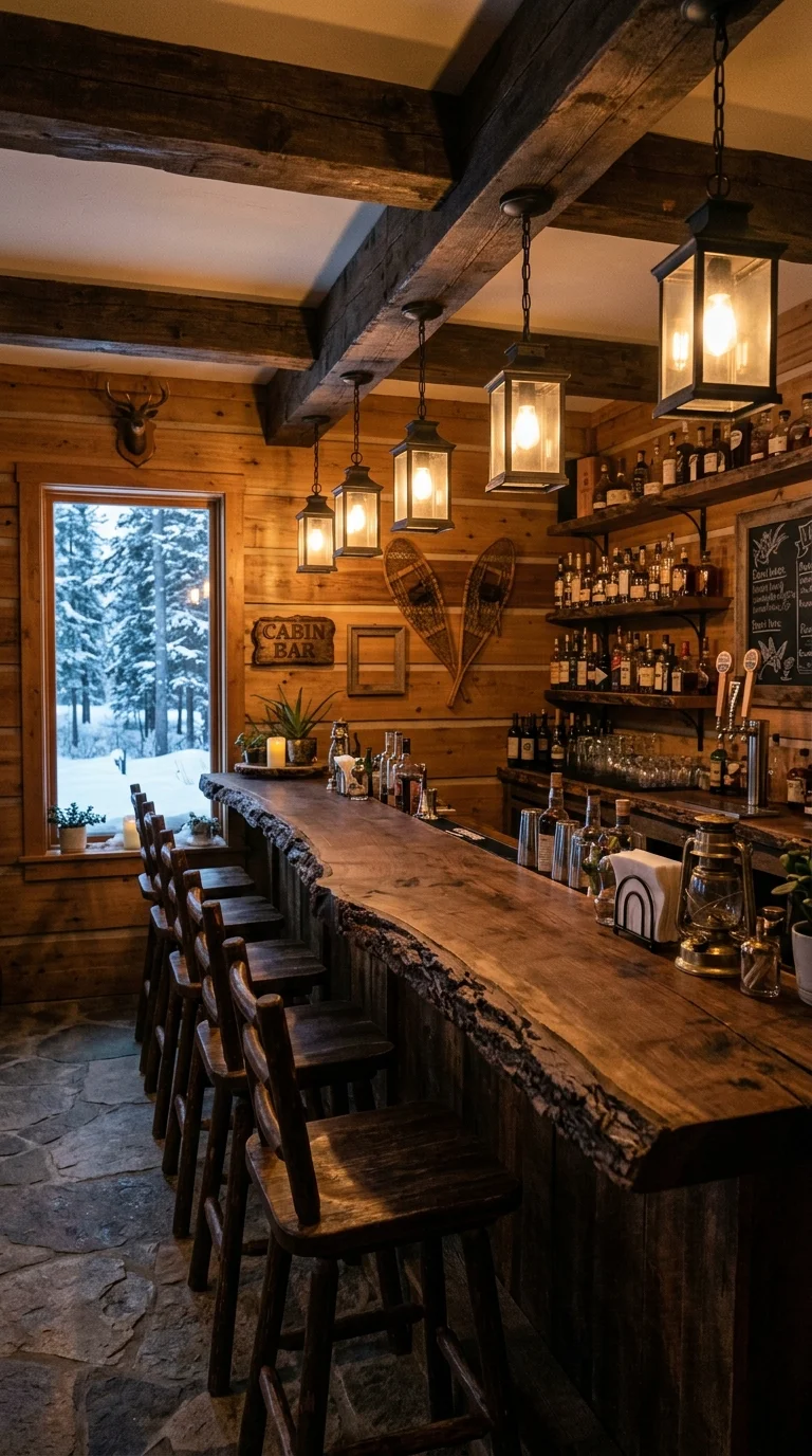 Alt text: cabin-style basement bar with live edge counter and lantern pendant lights by a window