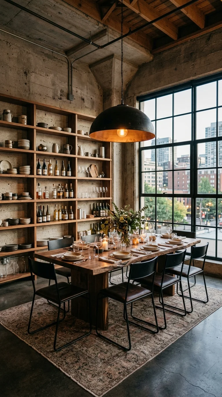 Industrial dining room with open wood shelving displaying dishware and concrete walls