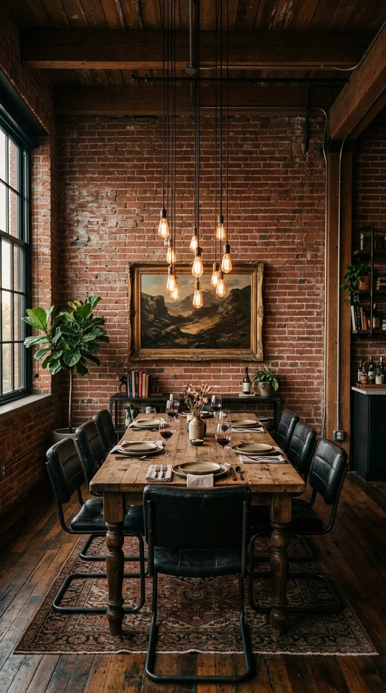 Exposed brick dining room with gilt-framed painting and hanging bulb pendants