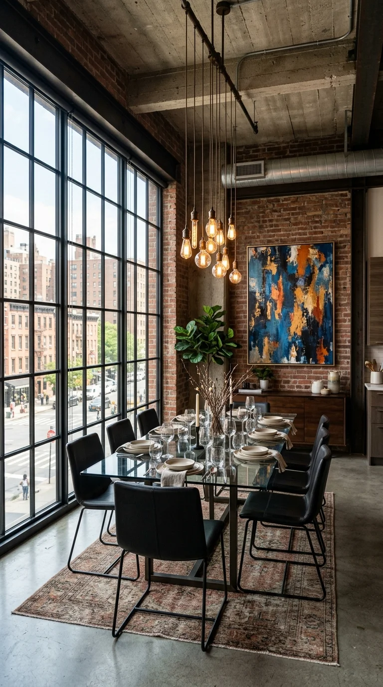 Glass-top dining table beneath steel factory windows and bold abstract painting