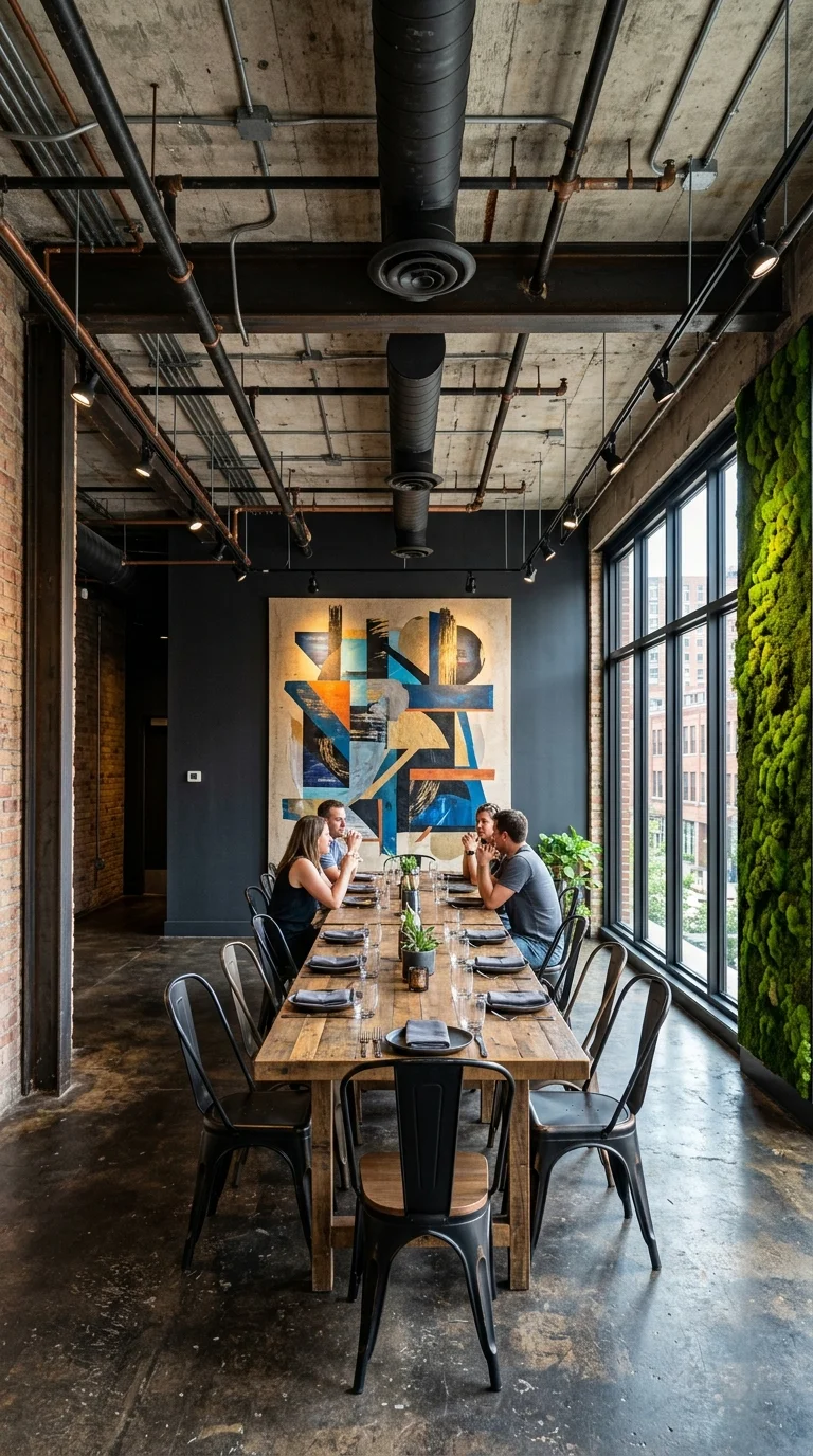 Dining table under exposed black ductwork beside a living moss wall