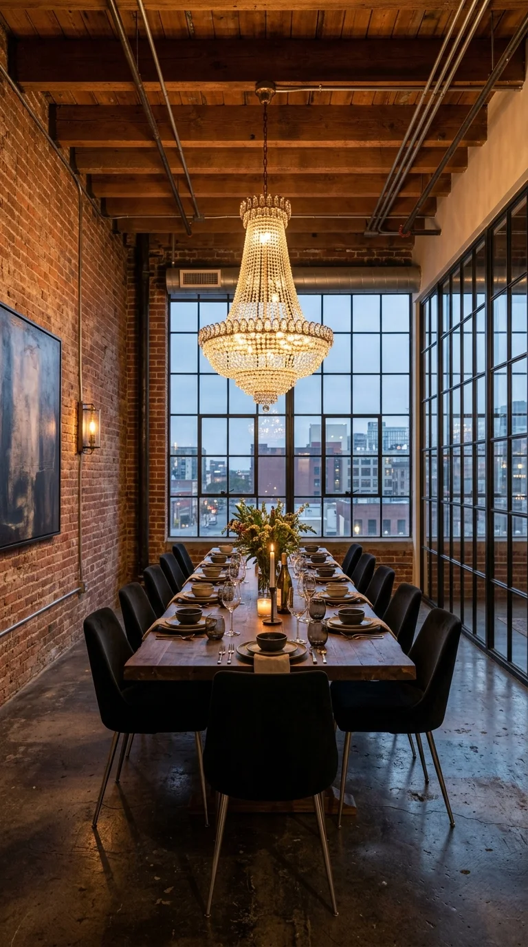 Crystal chandelier over long table with black velvet chairs against brick