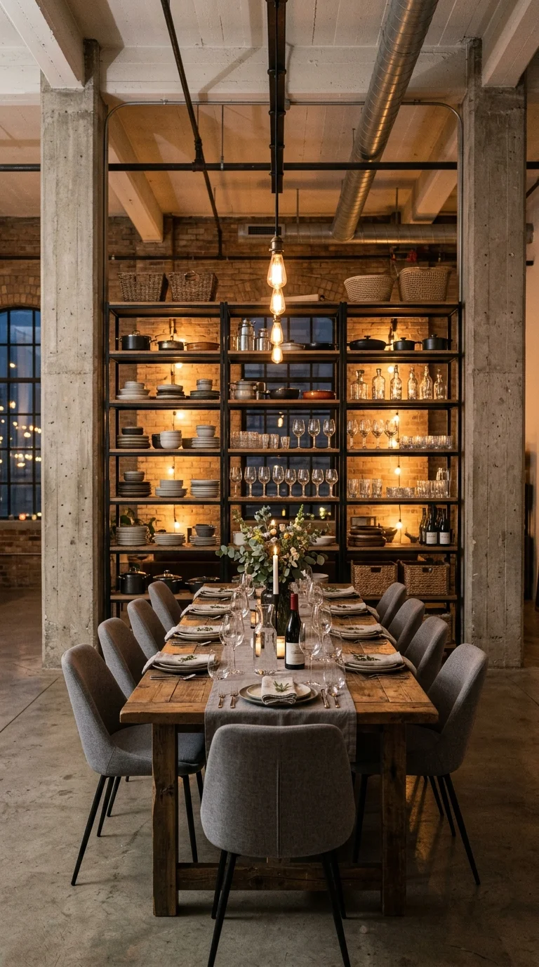 Wood and metal shelving lit from within behind grey upholstered dining chairs
