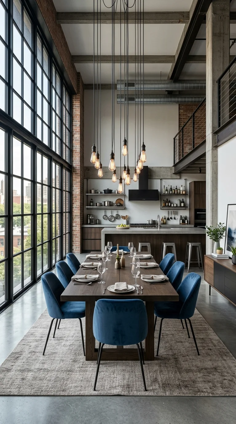 Double-height loft dining space with blue velvet chairs and hanging bulb cascade