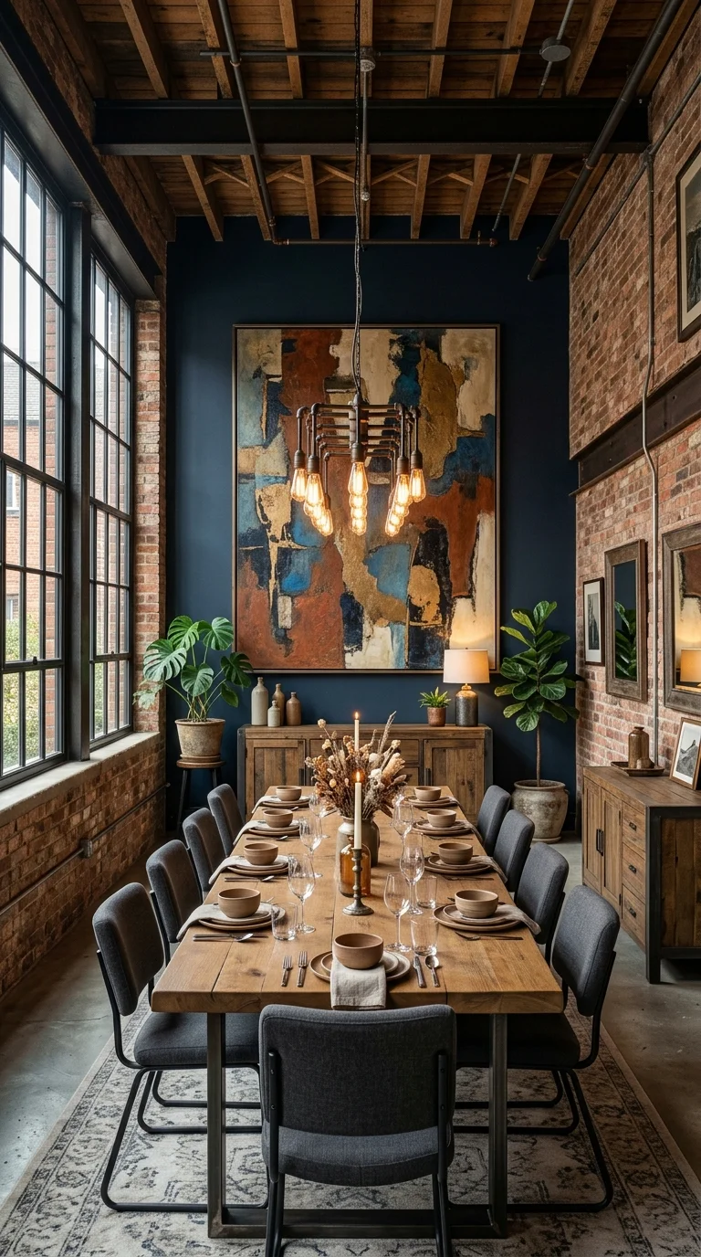 Navy accent wall with oversized abstract painting behind a wood dining table