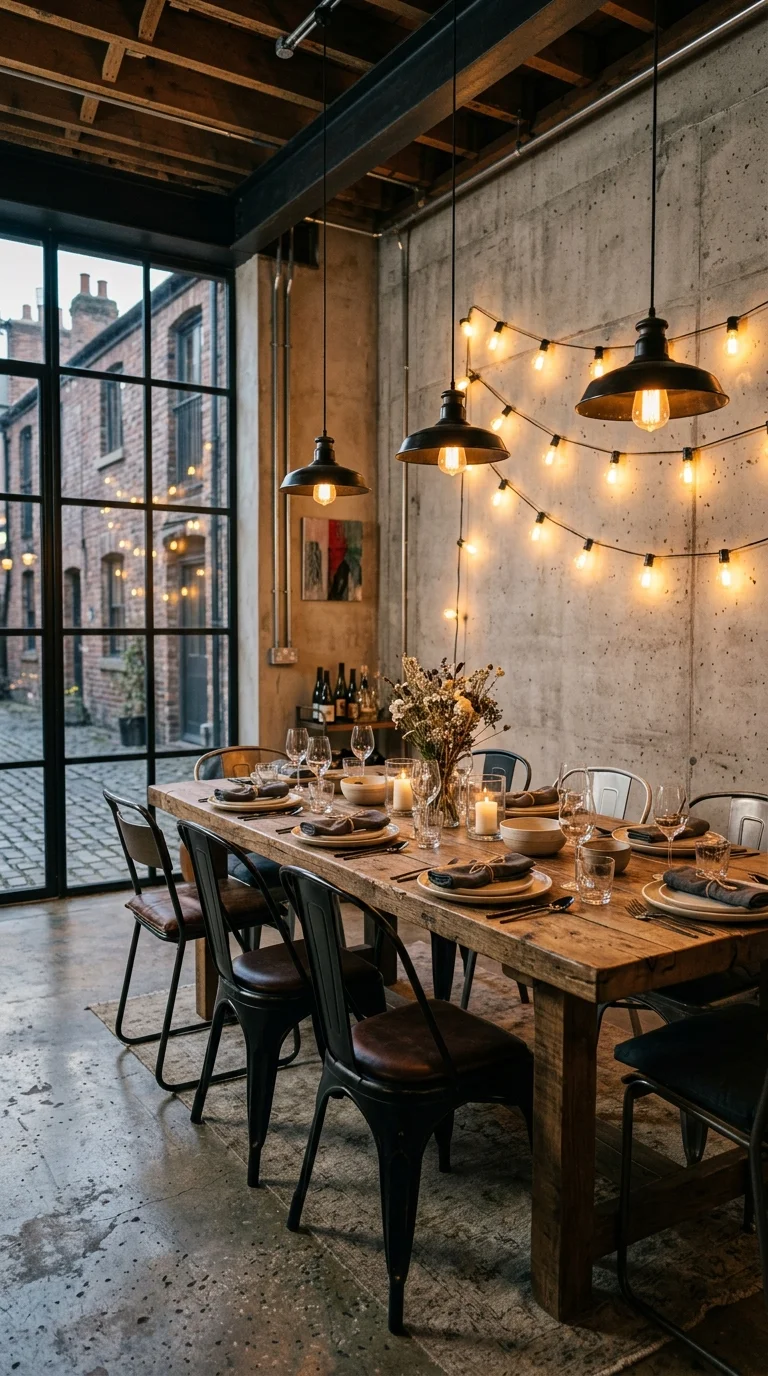 Rustic dining table with string lights beside open steel doors to a courtyard