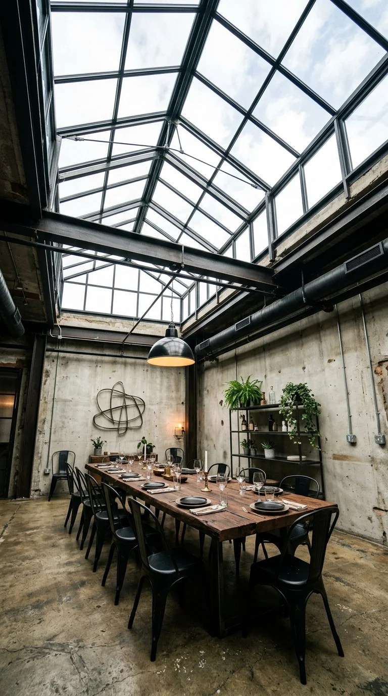 Distressed concrete dining room lit by a full glass skylight roof