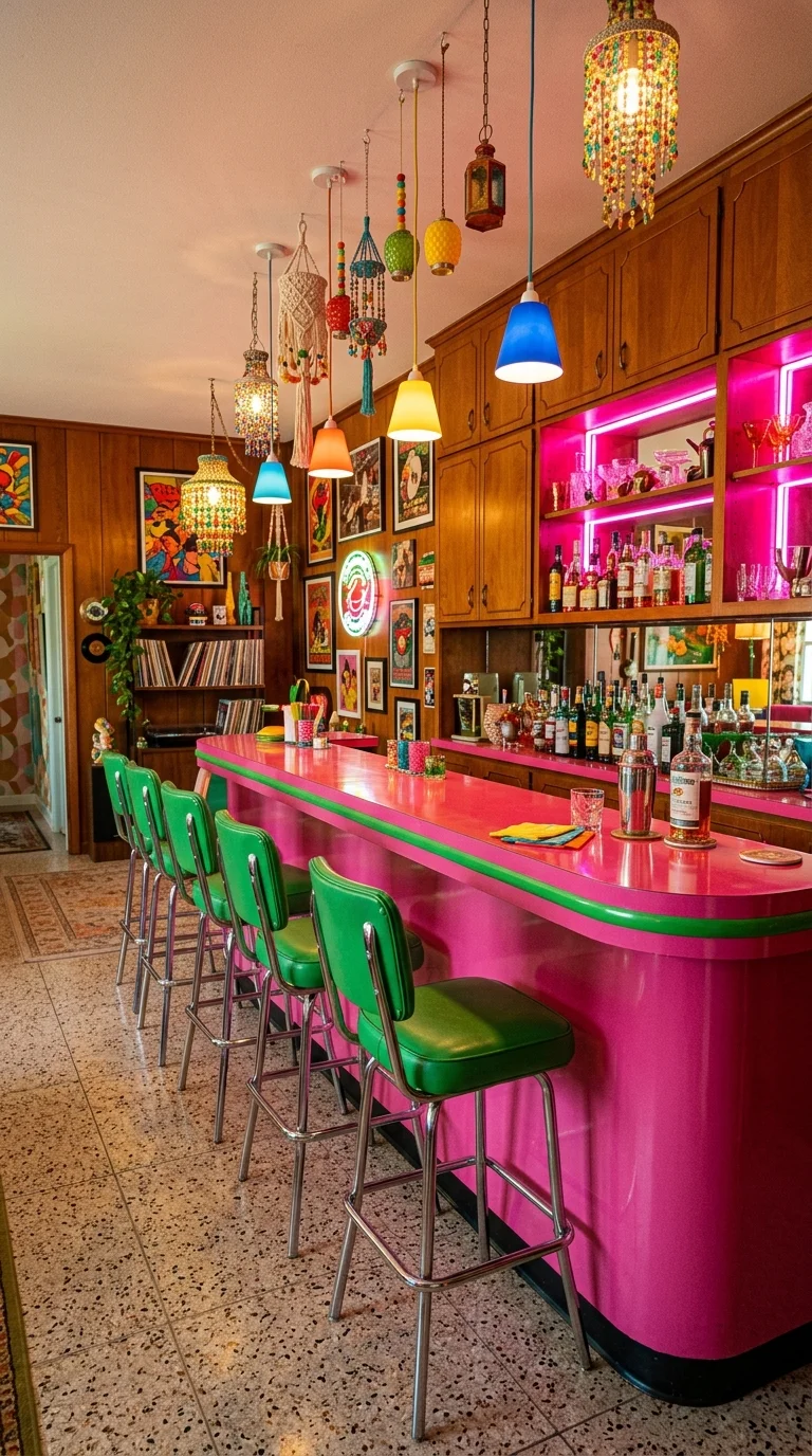 Retro pink and green home bar with terrazzo floor and colorful pendant lights