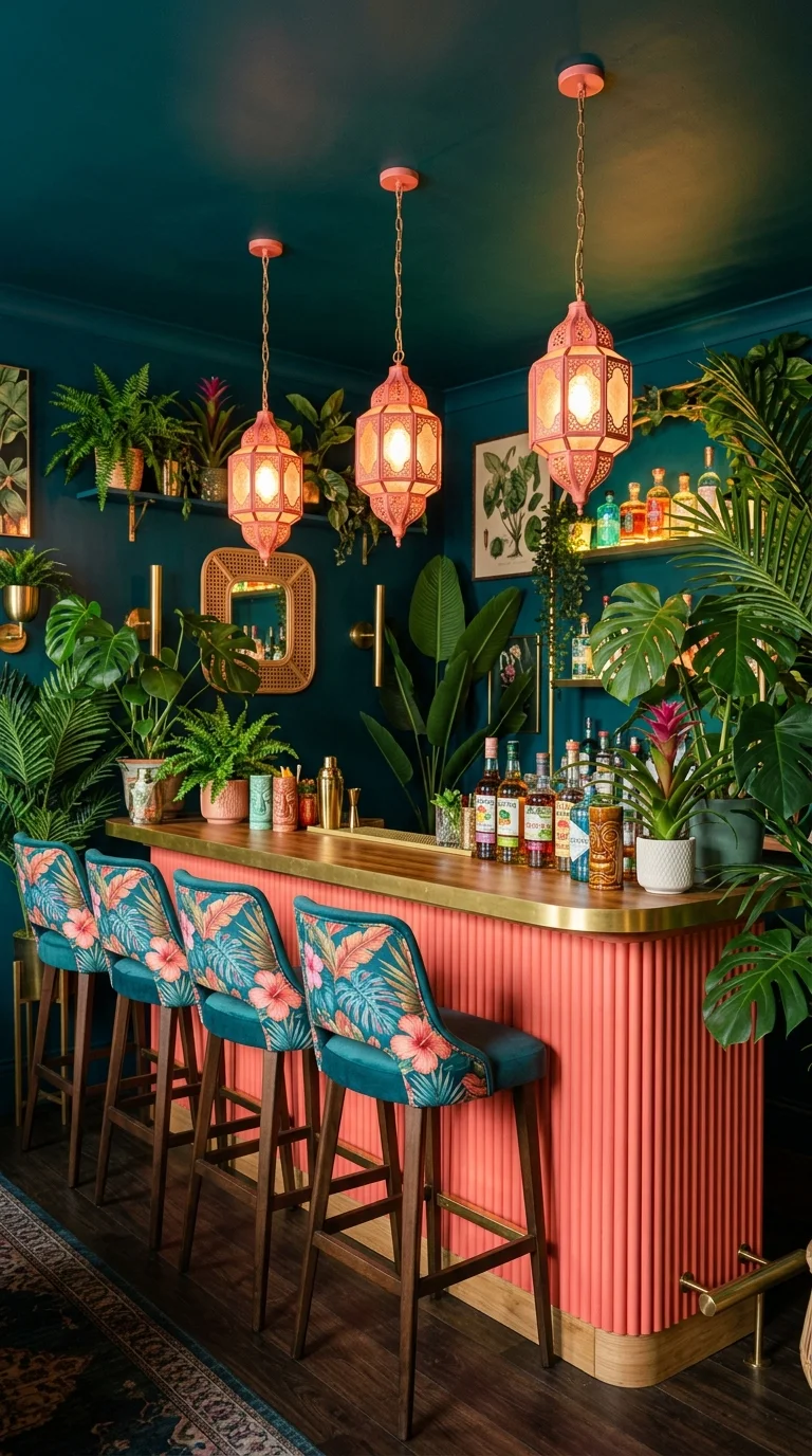 Boho tropical home bar with teal walls, coral cabinetry, and lush green plants