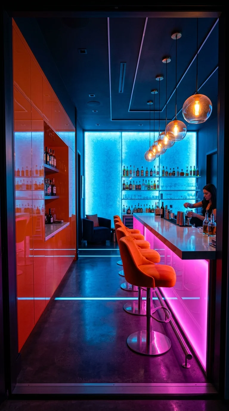 Futuristic neon home bar with orange cabinetry and blue pink LED lighting