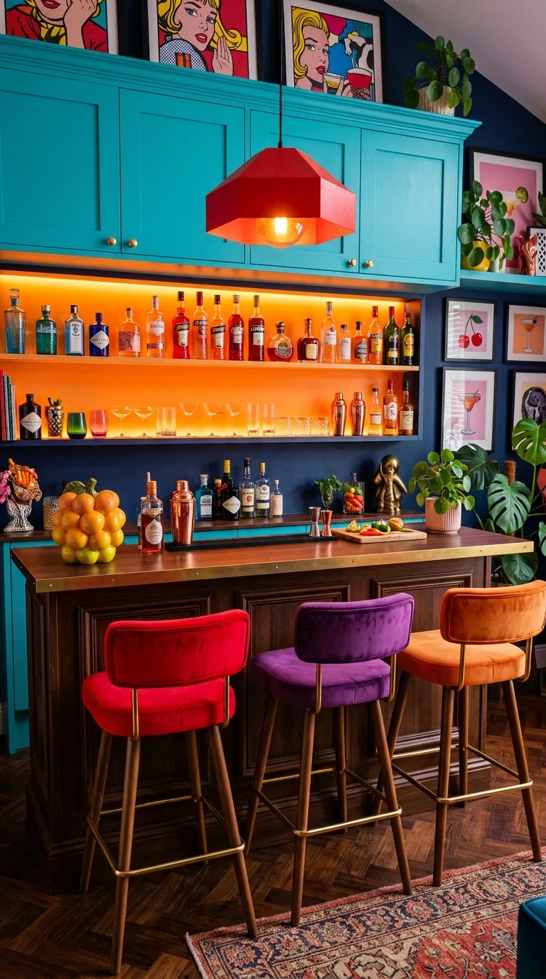Pop art colorful home bar with teal cabinets and jewel tone velvet stools
