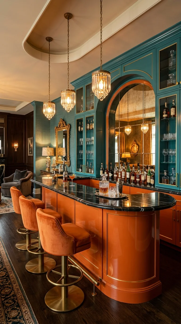 Art deco style orange and teal home bar with marble counter and brass trim