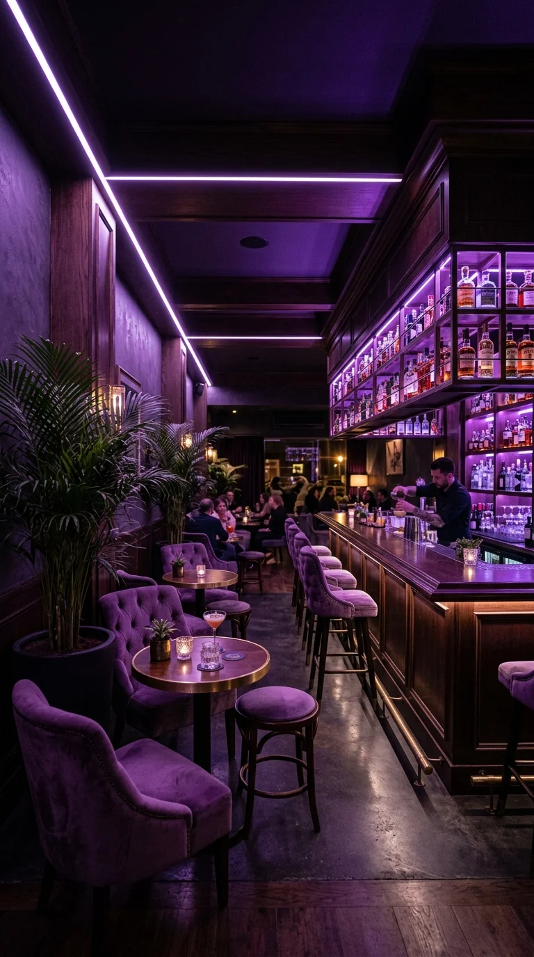 Moody purple lit speakeasy bar with velvet seating and dark wood paneling