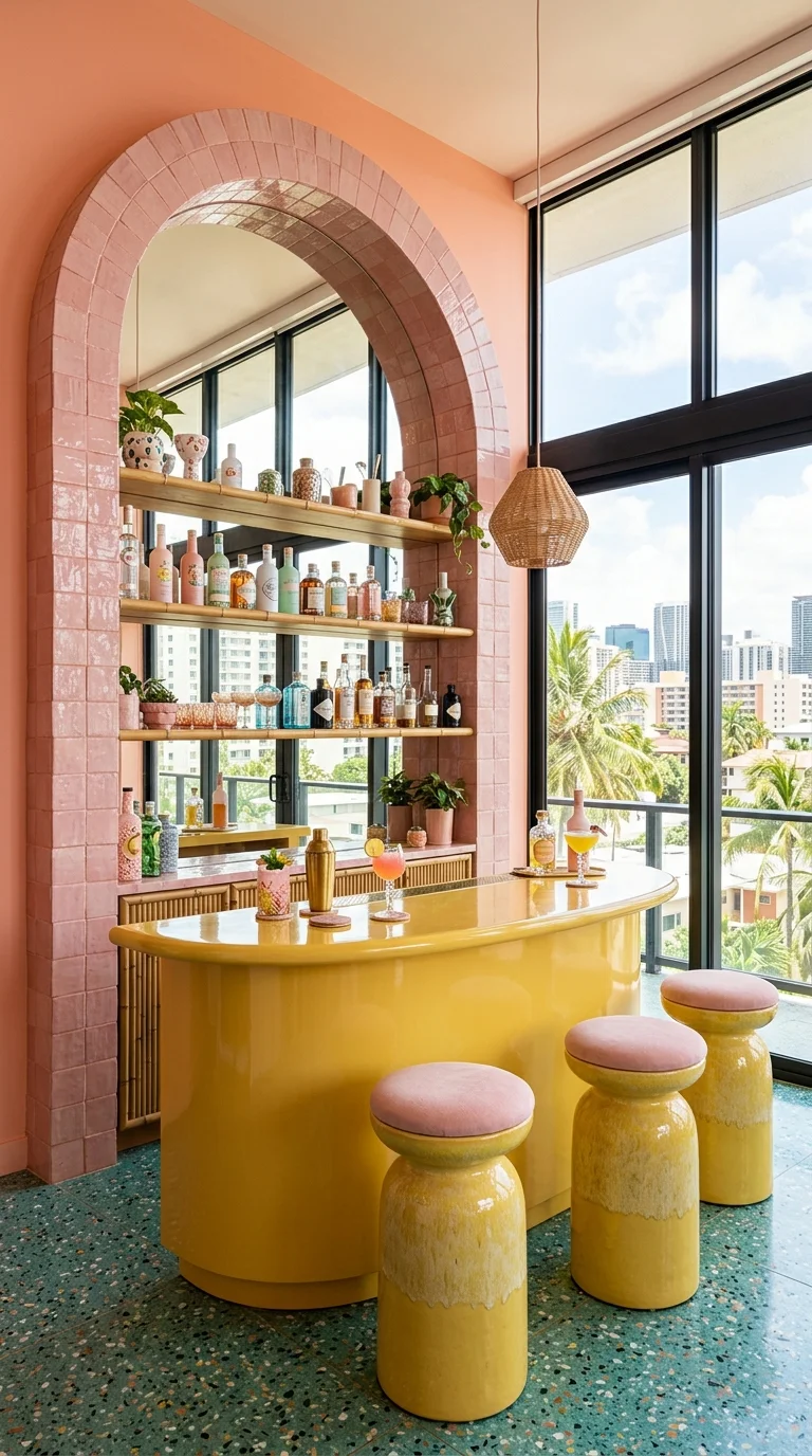 Pastel pink and yellow rooftop home bar with terracotta arch and city view
