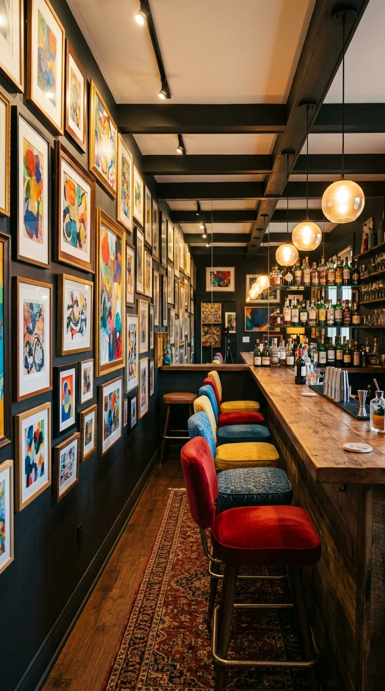 Colorful gallery wall home bar with abstract art and jewel tone stools