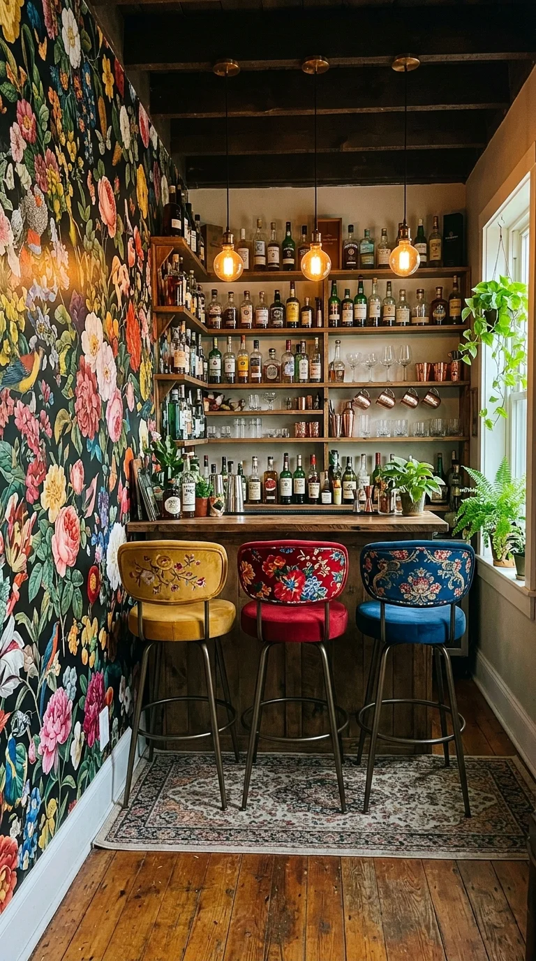 Floral wallpaper home bar nook with mustard red and blue velvet chairs