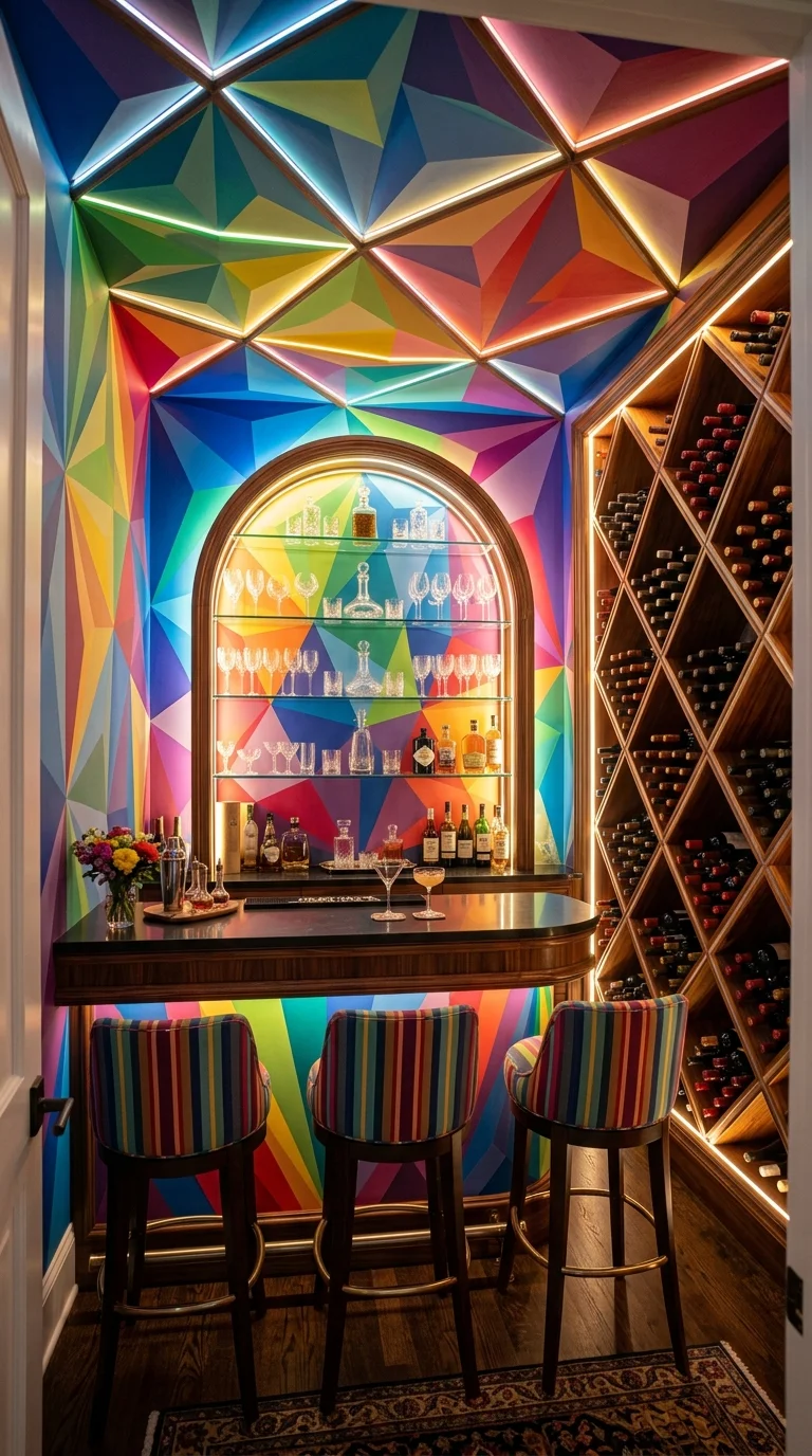 Rainbow geometric ceiling home bar with stained glass panels and wine storage
