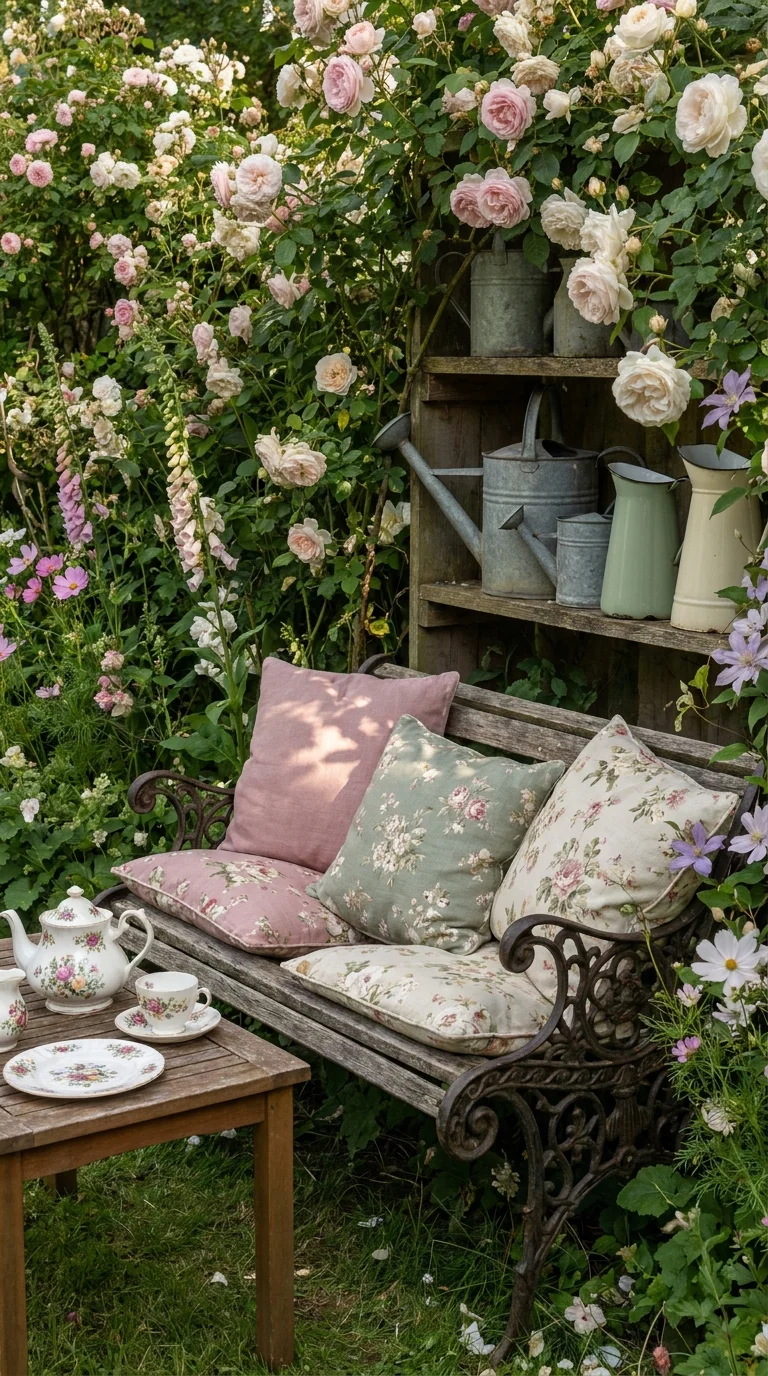 Wrought iron garden bench with floral cushions beneath climbing roses