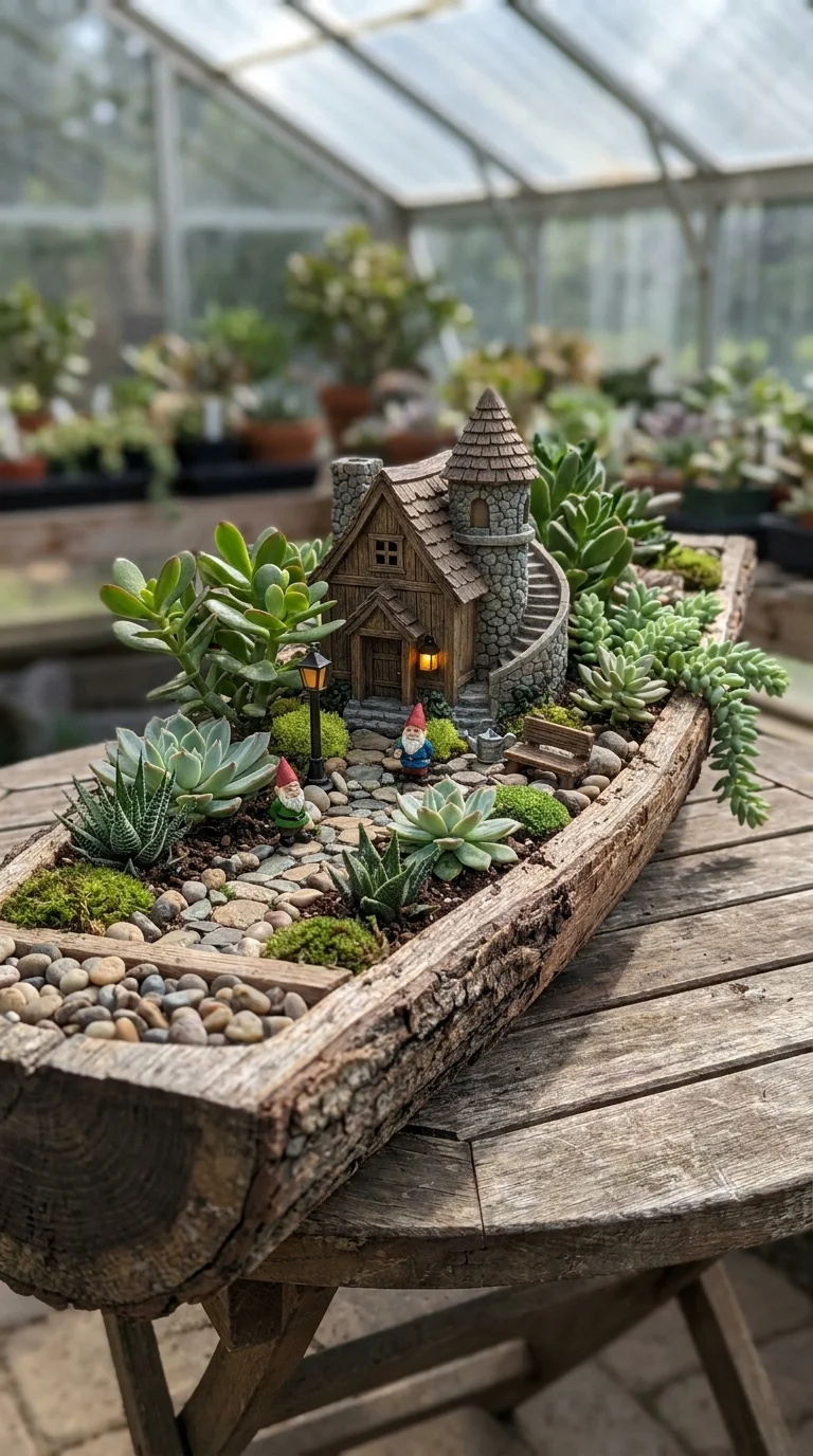 Weathered log trough fairy garden with stone cottage, tower, gnomes, and succulents