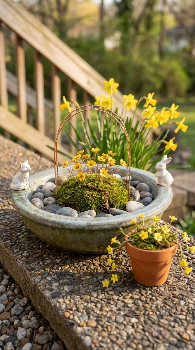 Shallow stone bowl holding a moss mound, copper wire arch, and tiny animal figurines