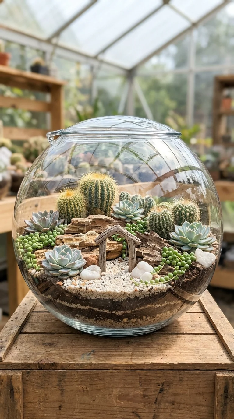 Round glass terrarium filled with cacti, echeveria, string of pearls, and driftwood arch