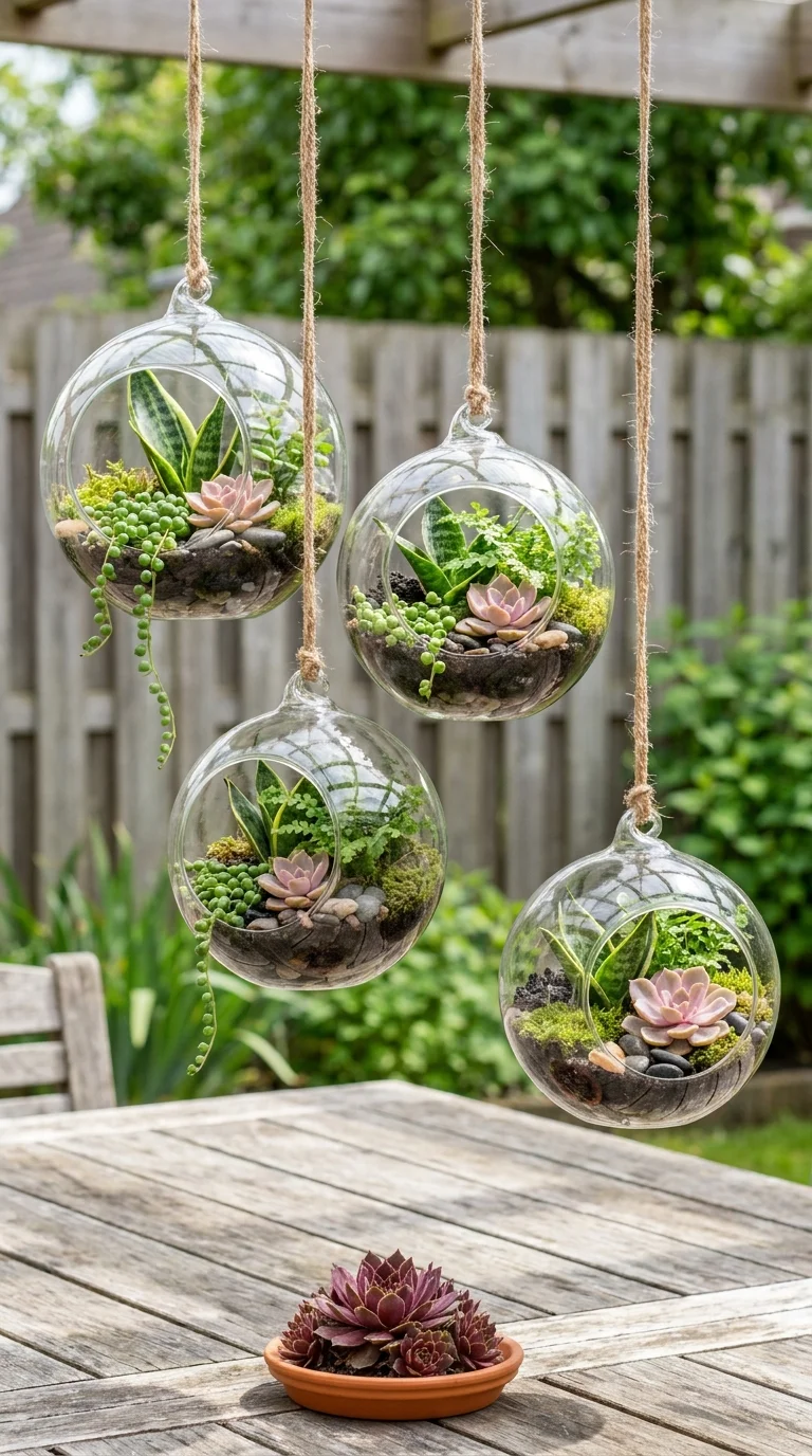 Four hanging glass globe terrariums with succulents, snake plant, and moss over a table