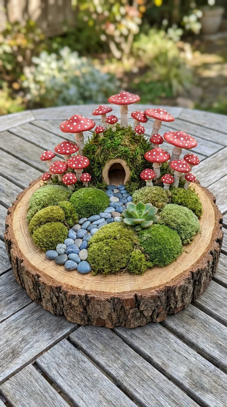 Bark-edged wood slice fairy garden with moss hills, red toadstools, and blue pebbles