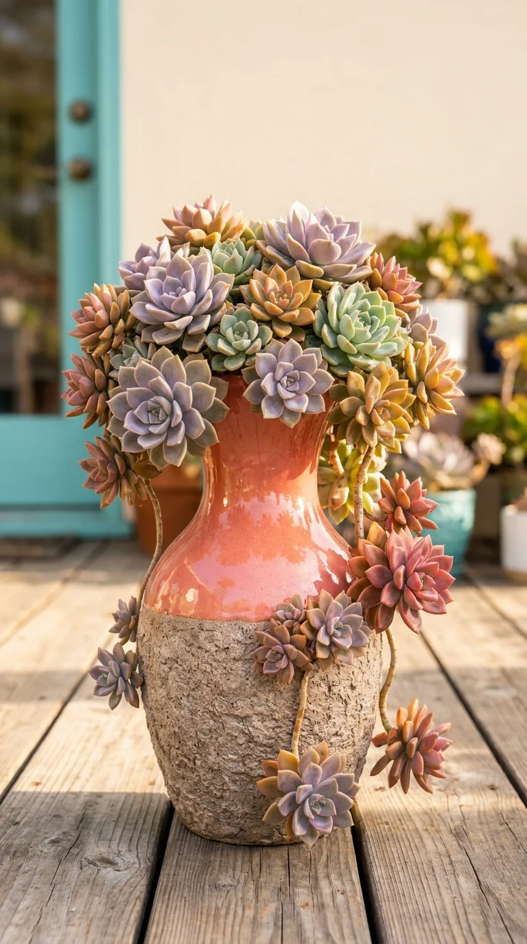 Coral glazed vase overflowing with pastel echeveria rosettes in lavender, pink, and green