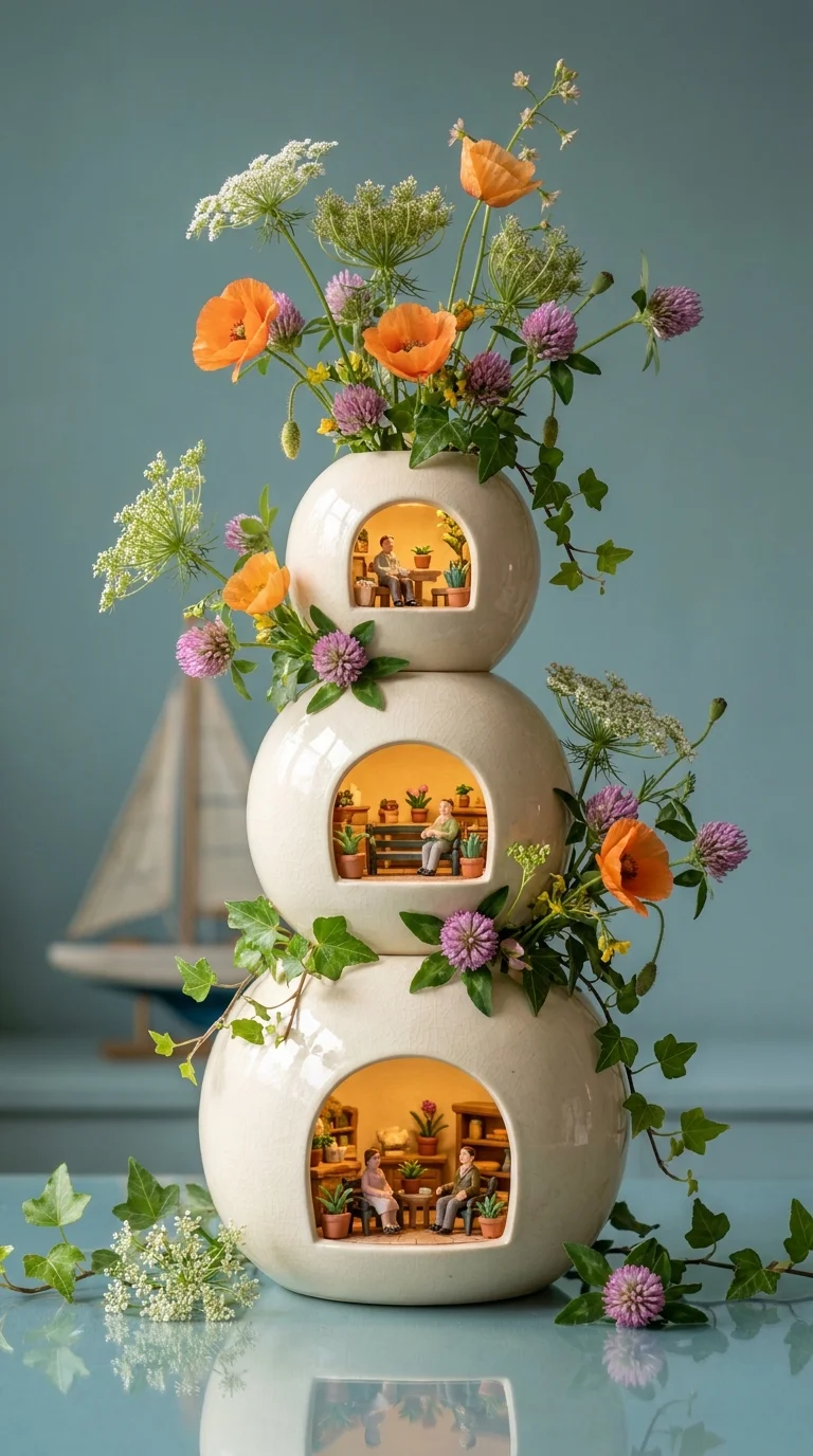 Three stacked cream ceramic spheres with lit miniature rooms and wildflowers on top