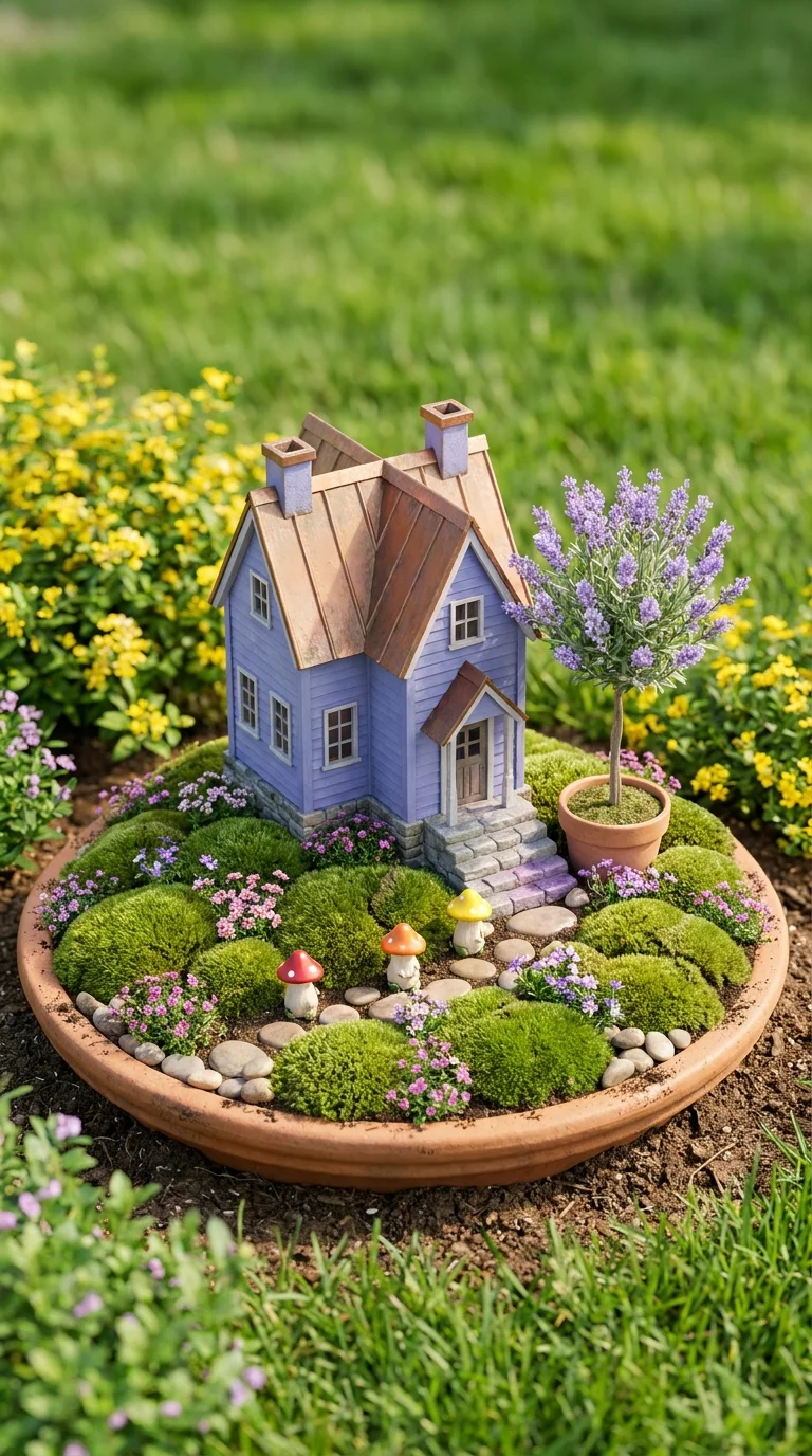 Lavender painted miniature cottage in terracotta dish with moss and potted lavender topiary