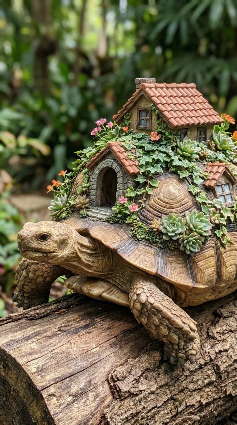 Tortoise figure carrying a miniature tile-roof village with ivy and succulents on its shell