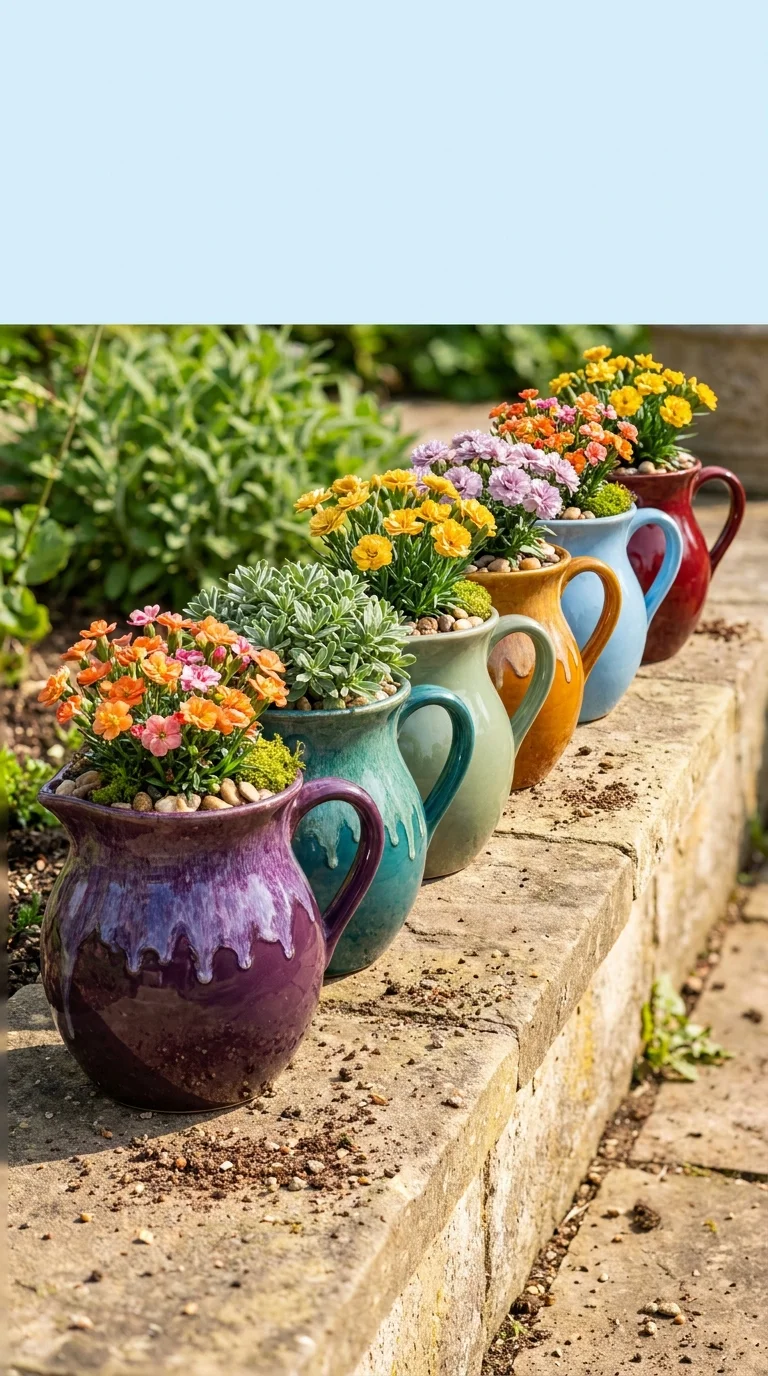 Row of colorful glazed pitchers planted with flowers and succulents along a stone wall