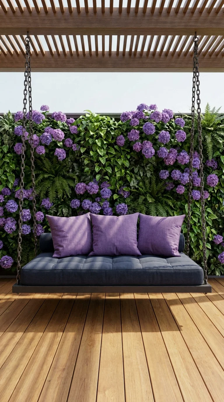 Purple hydrangea wall behind a chain-hung navy swing bench on a wood deck