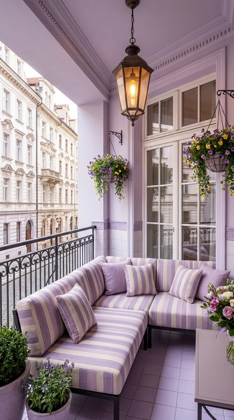 Lavender-painted balcony walls and striped sectional overlooking a European street