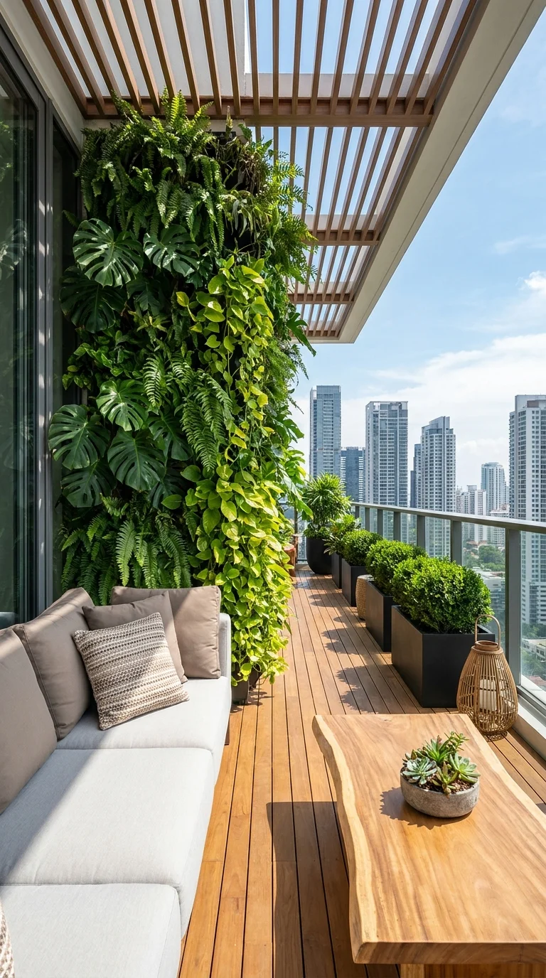 Vertical plant wall of ferns and pothos beside a city-view balcony sofa