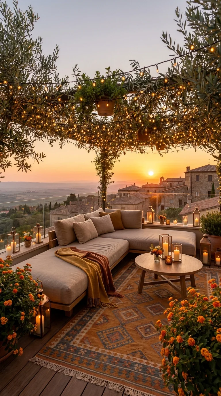Olive tree canopy strung with warm lights over a hillside terrace at sunset