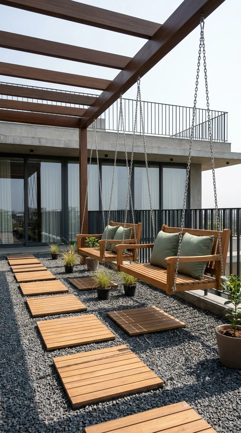 Wood-slat stepping tiles and gravel leading to two hanging pergola swings on a rooftop