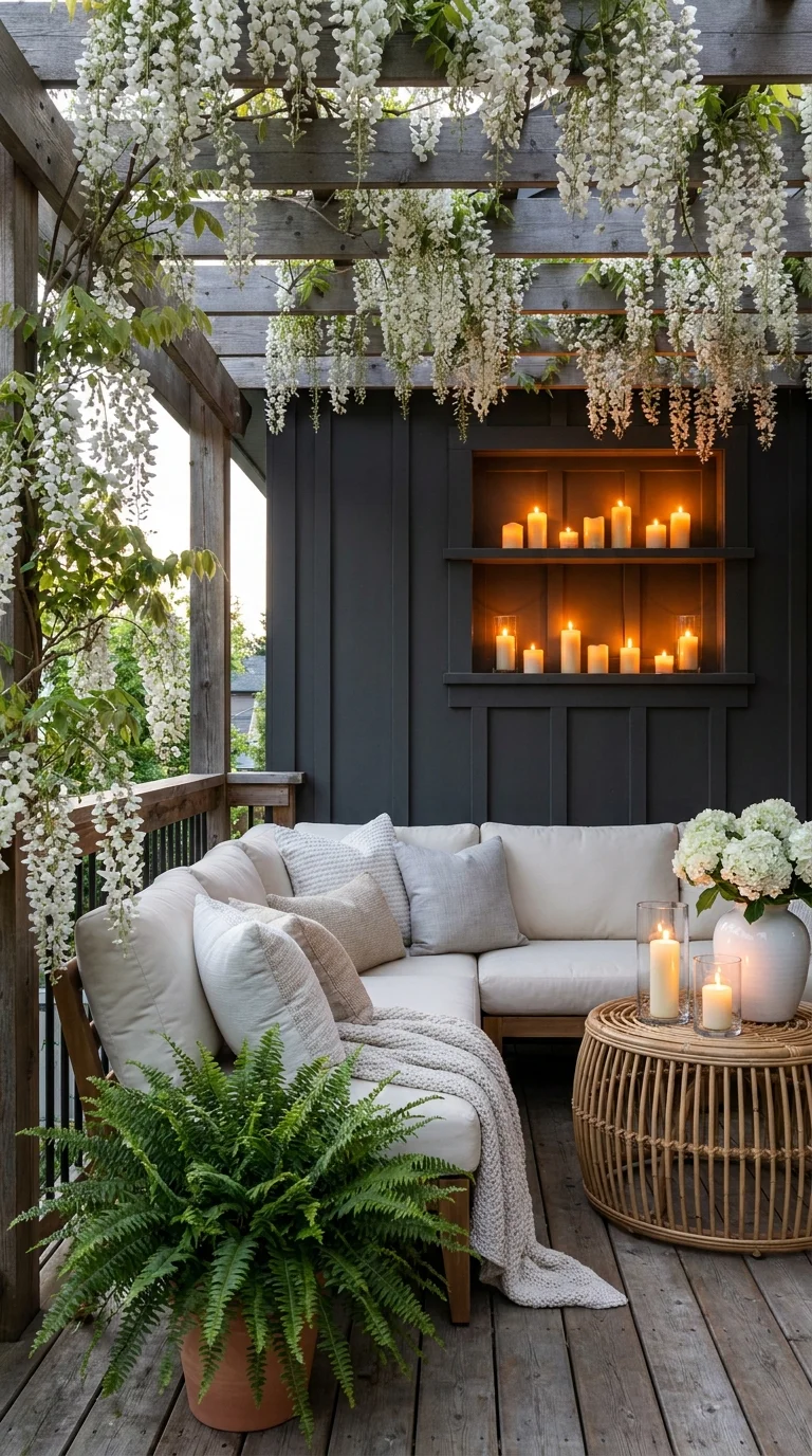 White wisteria draped over a dark pergola beside a built-in candle wall niche