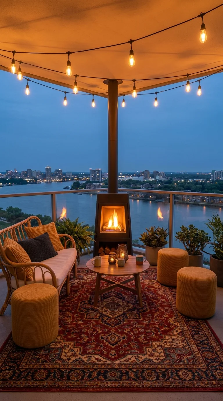 Freestanding wood stove and string lights on a rooftop lounge overlooking a river skyline