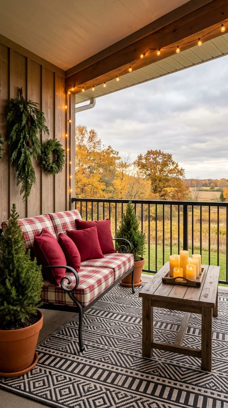 Red plaid cushions and evergreen garland on a wood-paneled fall balcony