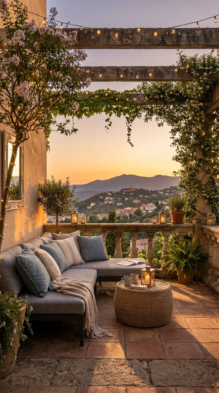 Stone terrace with a blue linen sectional and wicker table at golden-hour sunset