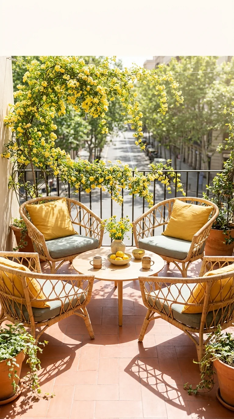 Four rattan bistro chairs with yellow cushions around a round table under climbing roses