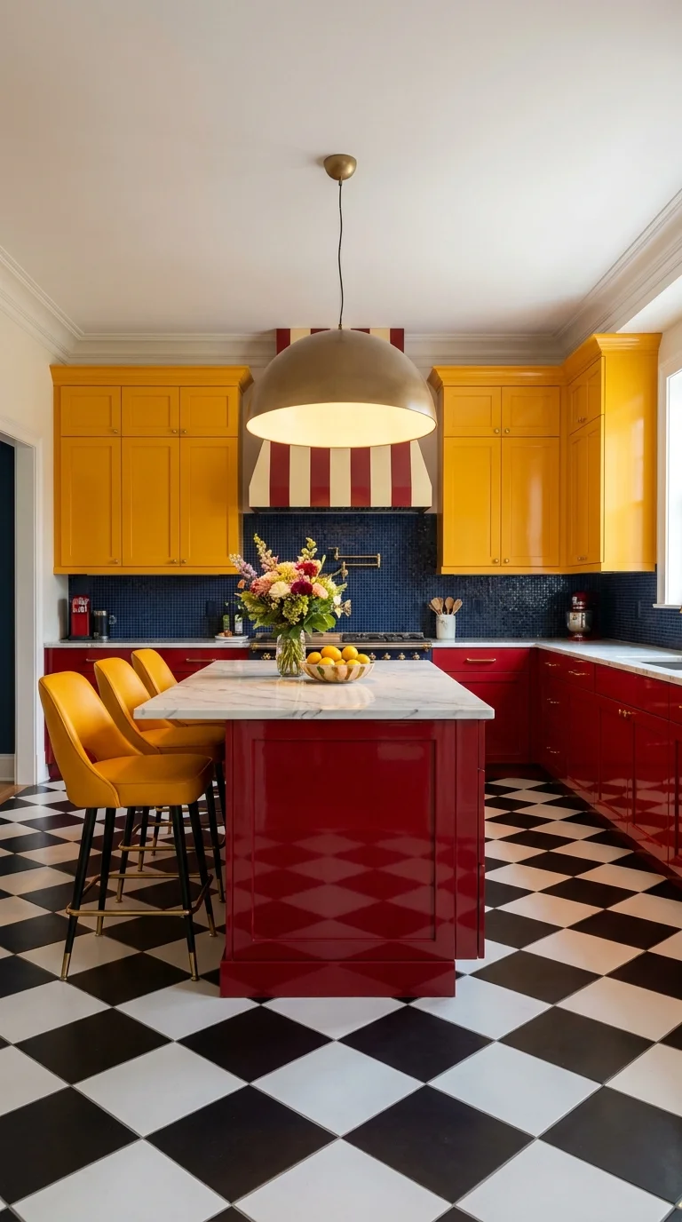Red and yellow maximalist kitchen island with black and white checkerboard floor